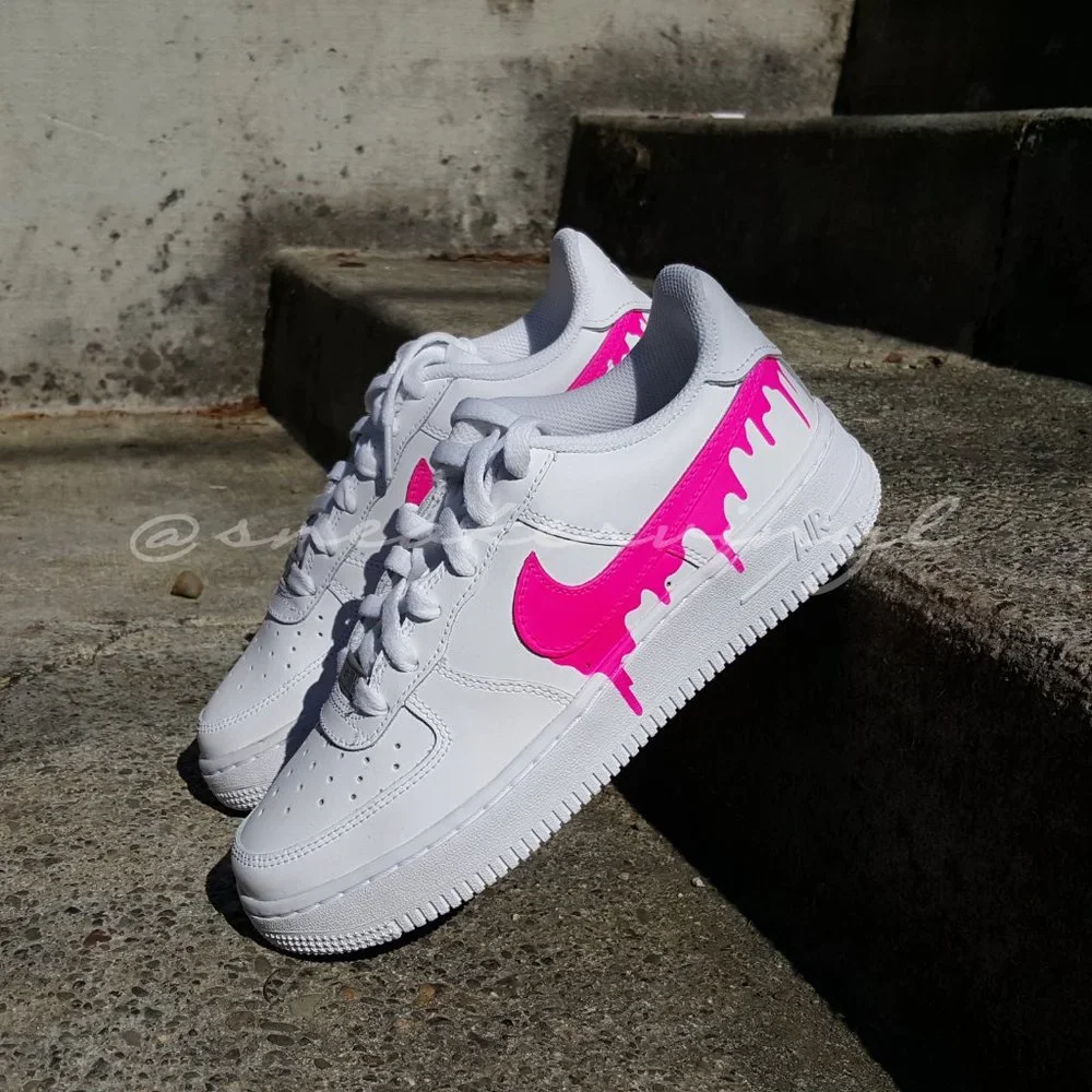 Custom Nike Air Force 1 Low White Pink Paint Drip Custom NWT